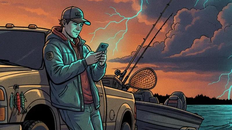 Angler leaning on a truck checking the Fish Licker fishing forecast on a phone as a storm builds over the lake