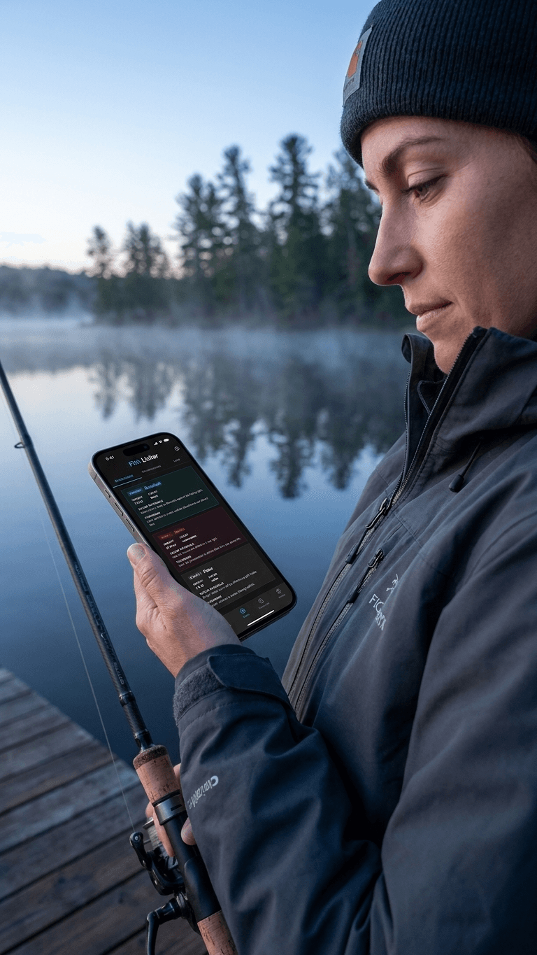 Angler checking the Fish Licker AI lure recommendation on a misty lake dock at dawn