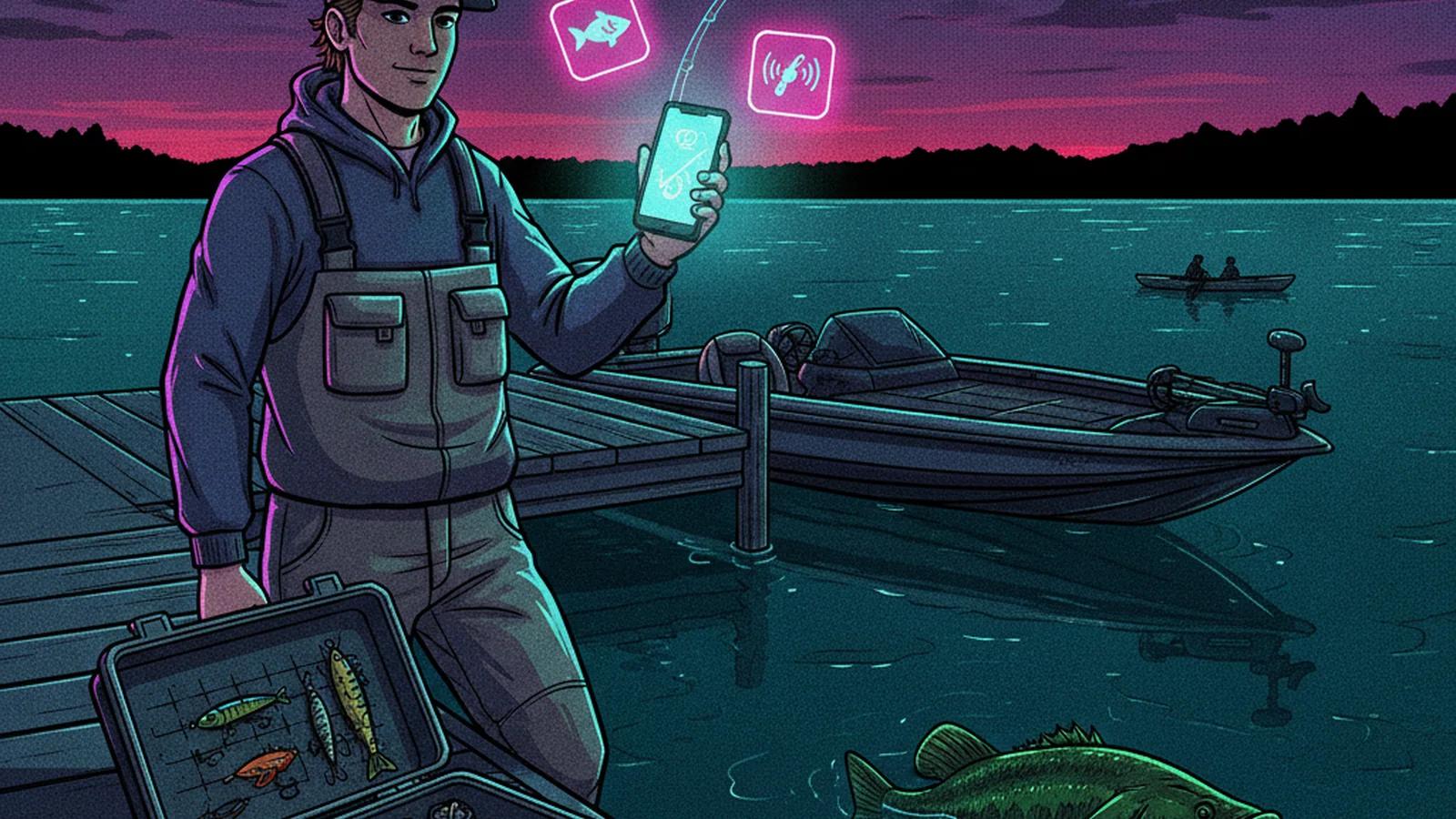 Angler checking a smartphone loaded with fishing apps on a boat