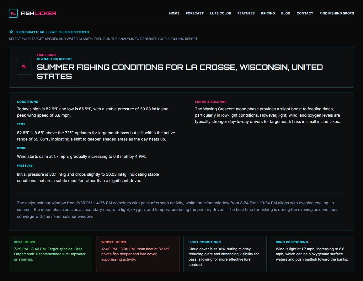 Fish Licker AI analysis report overview for La Crosse, Wisconsin